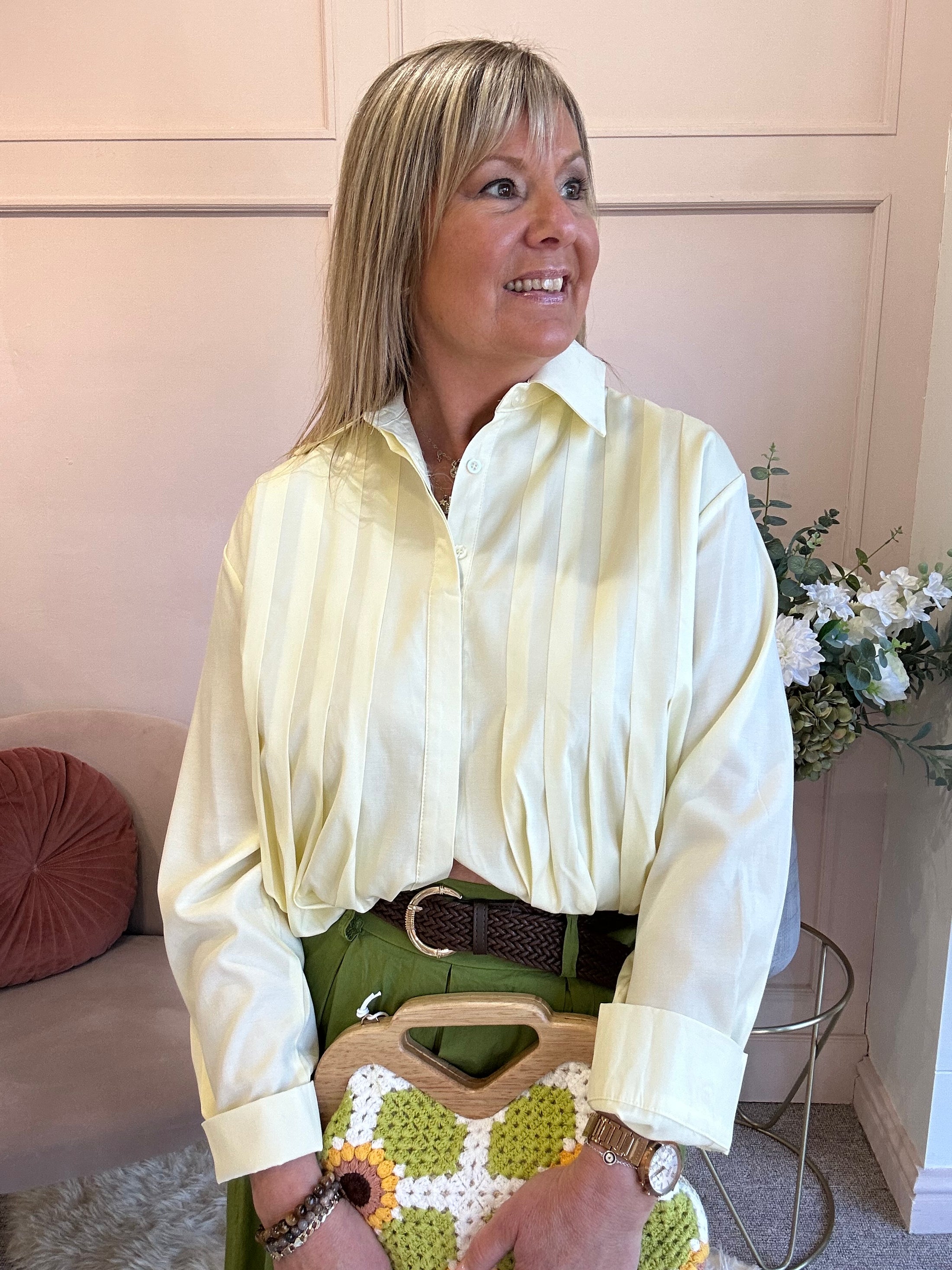 Sheer Shimmer Pleated Shirt - Lemon - Wardrobe By Simone