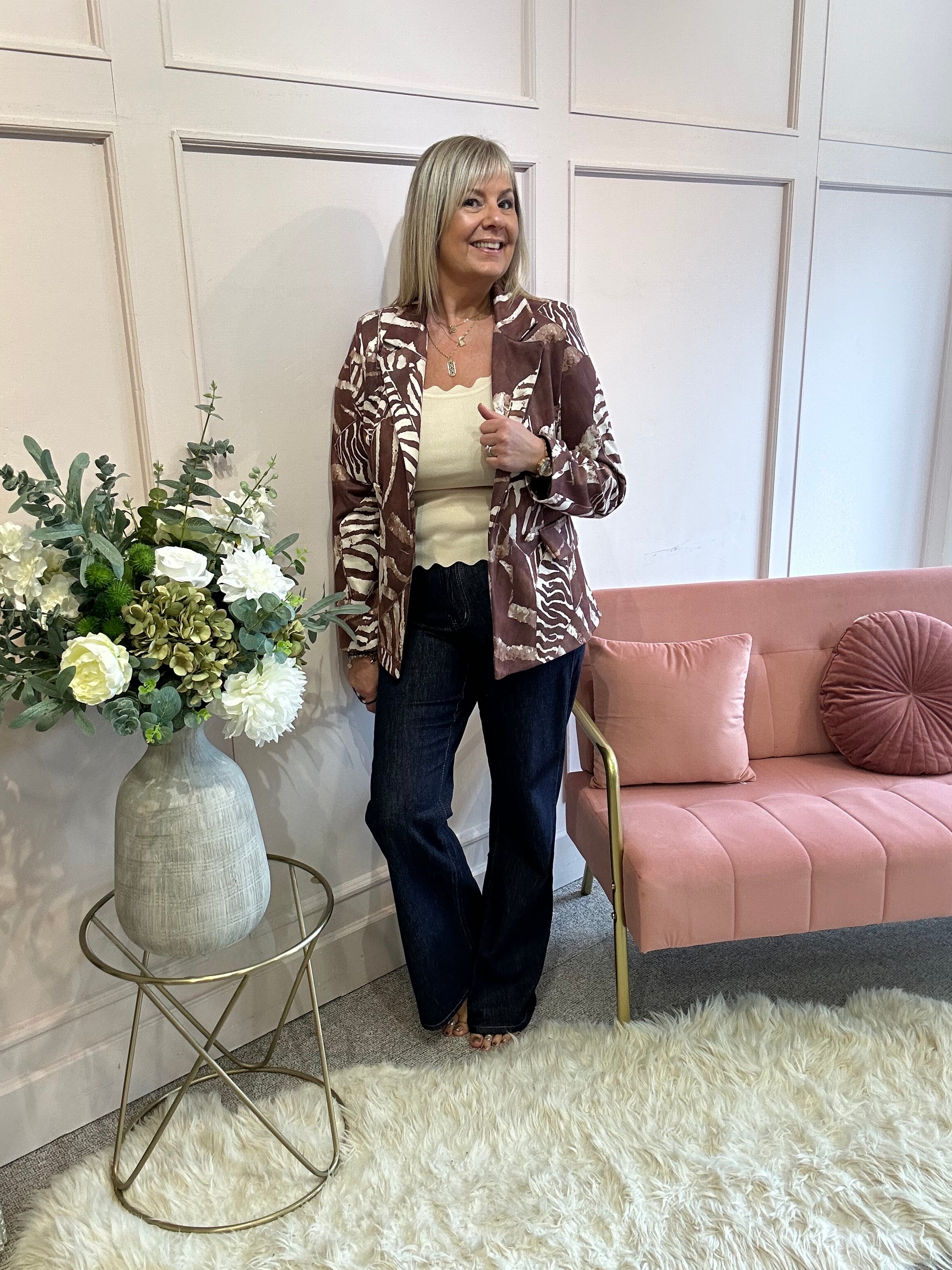 Leafy Double Breasted Jacket - Light Brown/Cream