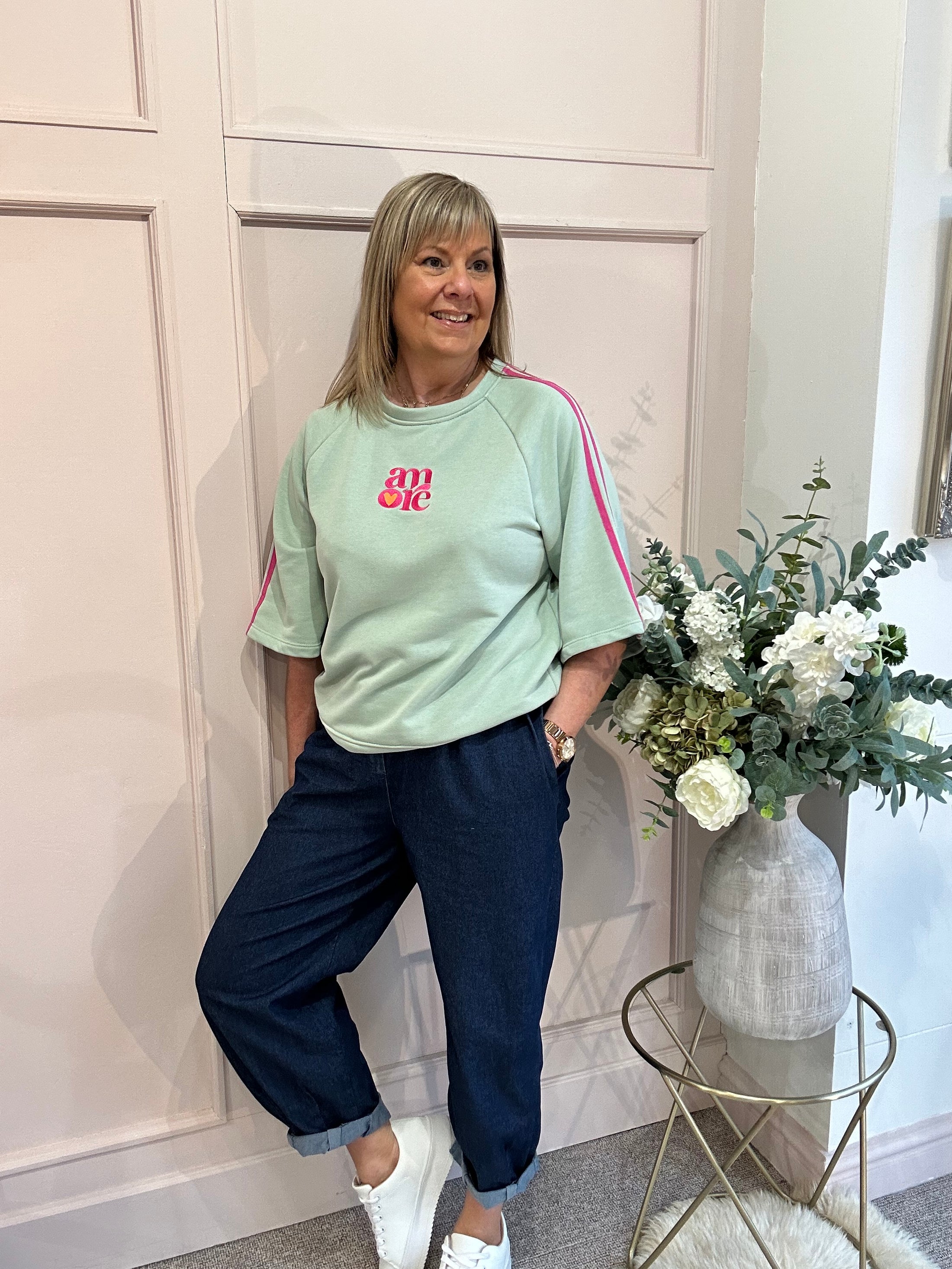 Amore Sweatshirt Jumper - Sage/Fuchsia - Wardrobe By Simone