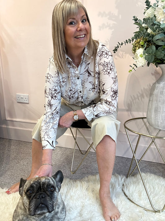 Sketchy Flower Pattern Shirt - Cream/Brown - Wardrobe By Simone