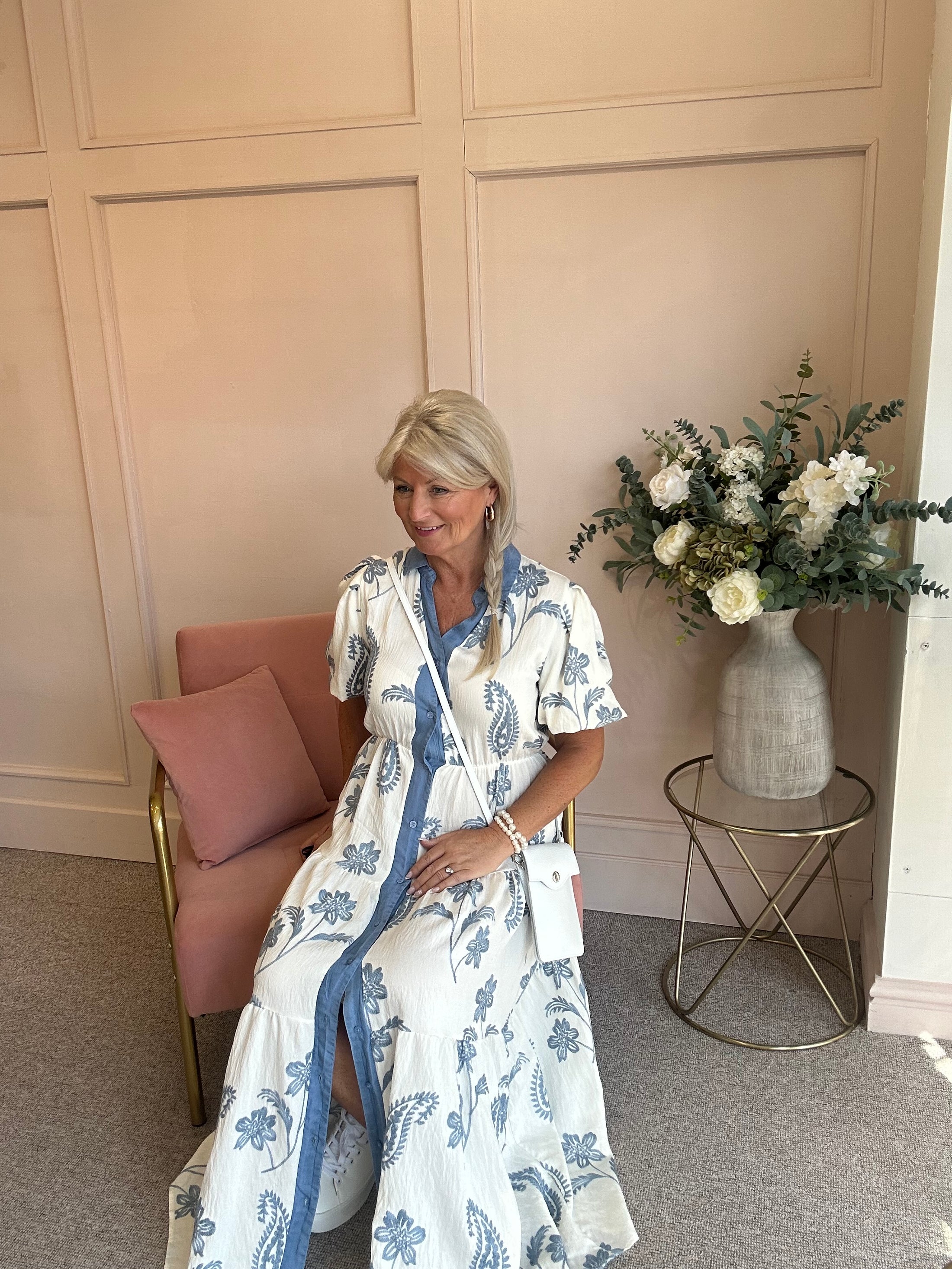 Puff Sleeve Shirt Dress - Cream/Slate Blue - Wardrobe By Simone
