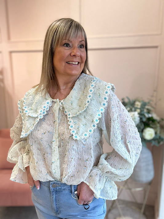 So Pretty Daisy Edge Blouse  - Mint/Blue - Wardrobe By Simone