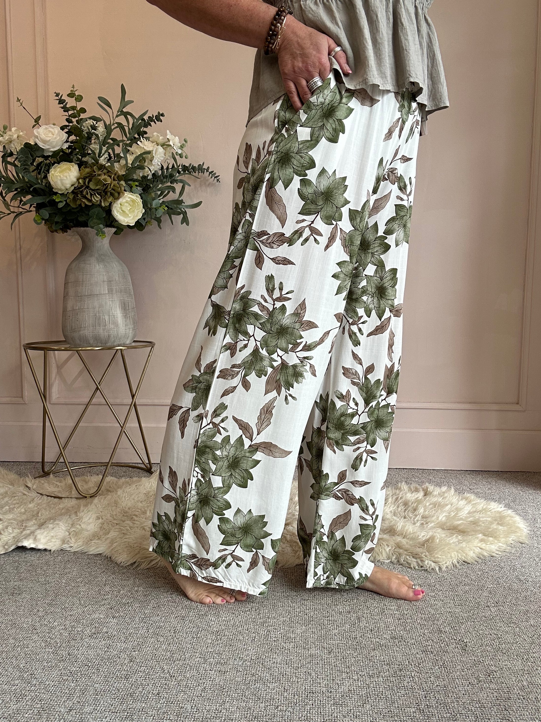 Summer Floral Trouser - Green/Cream - Wardrobe By Simone