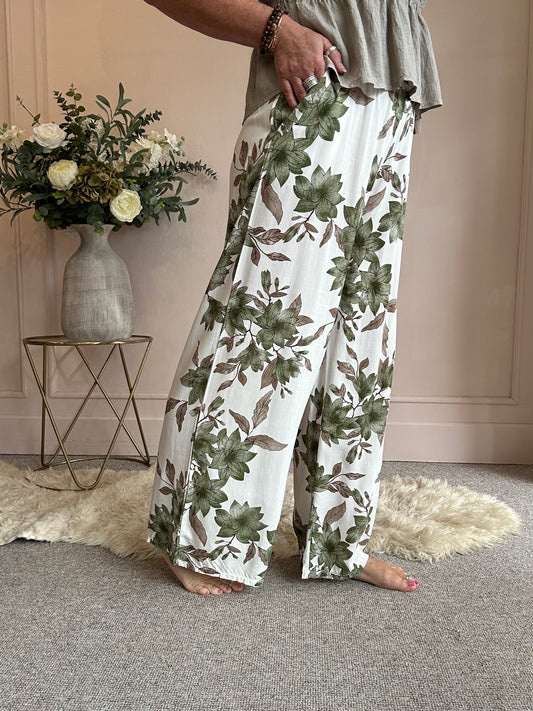Summer Floral Trouser - Green/Cream - Wardrobe By Simone