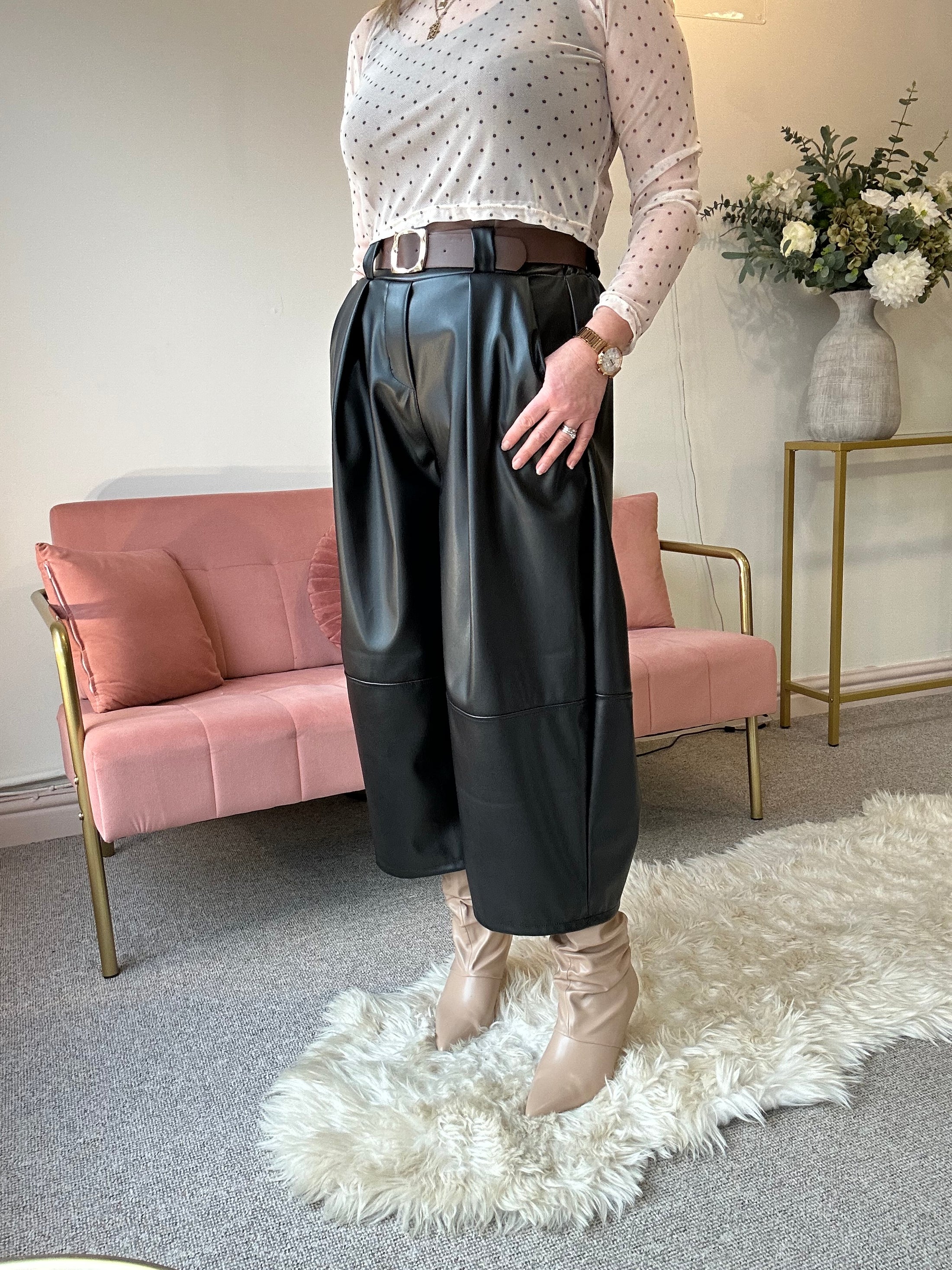 Faux Leather Wide Leg Trouser - Black