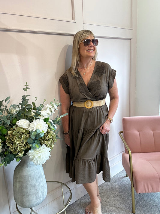 Flower Detail Belted Midi Dress - Brown - Wardrobe By Simone