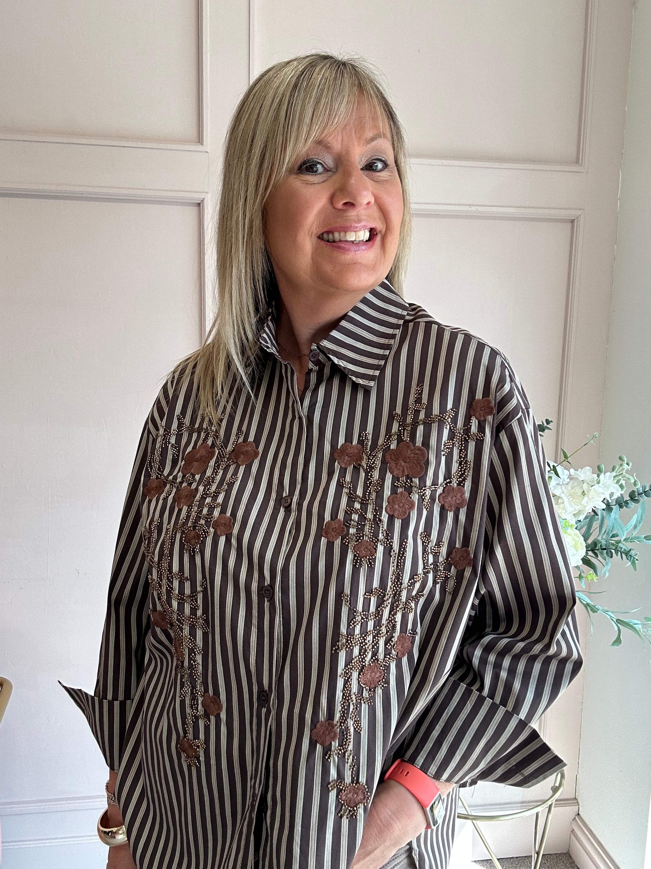Beads Flowers &  Stripes Shirt - Browns