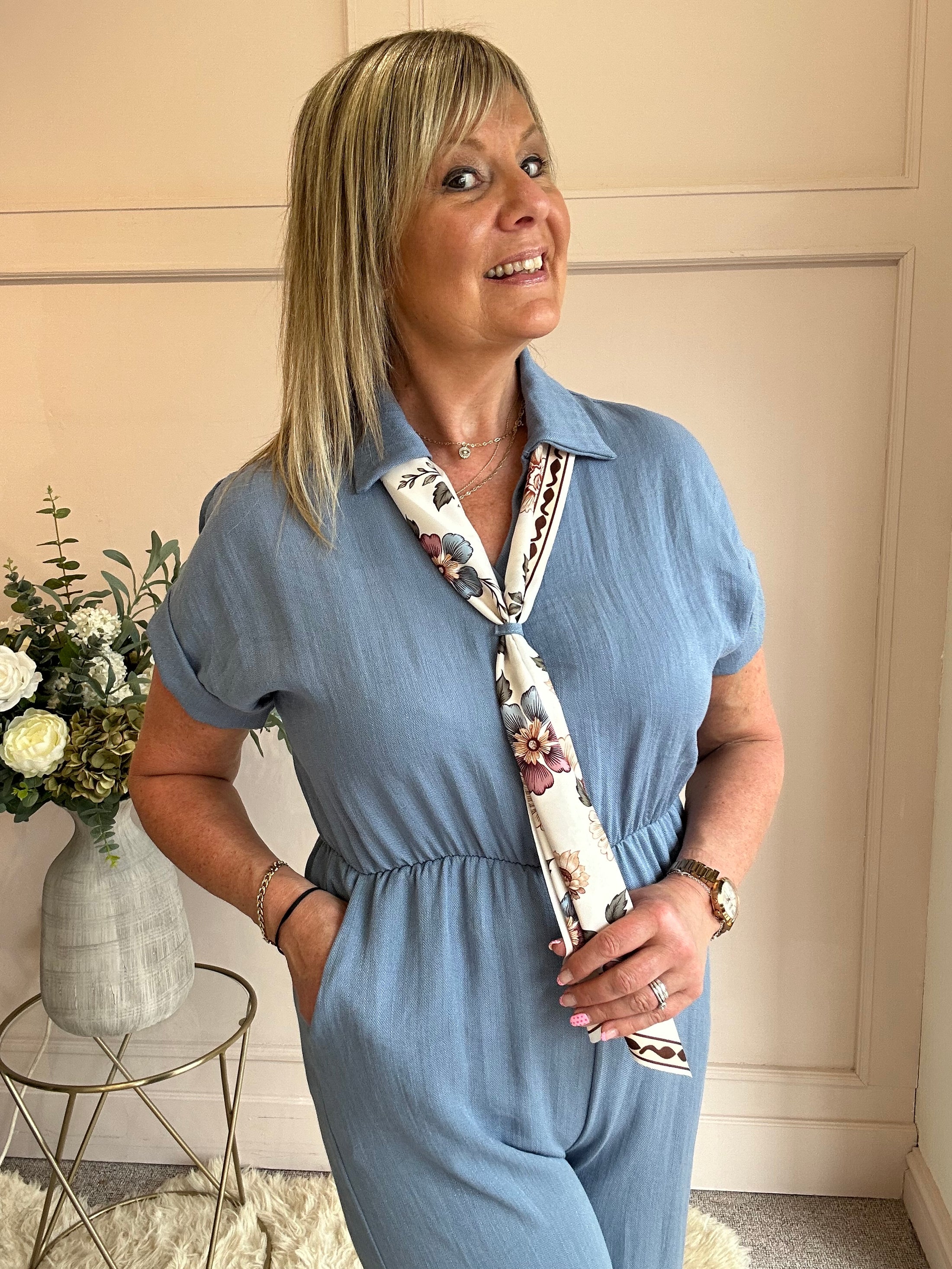 Collared With A Tie  Jumpsuit - Denim Blue - Wardrobe By Simone