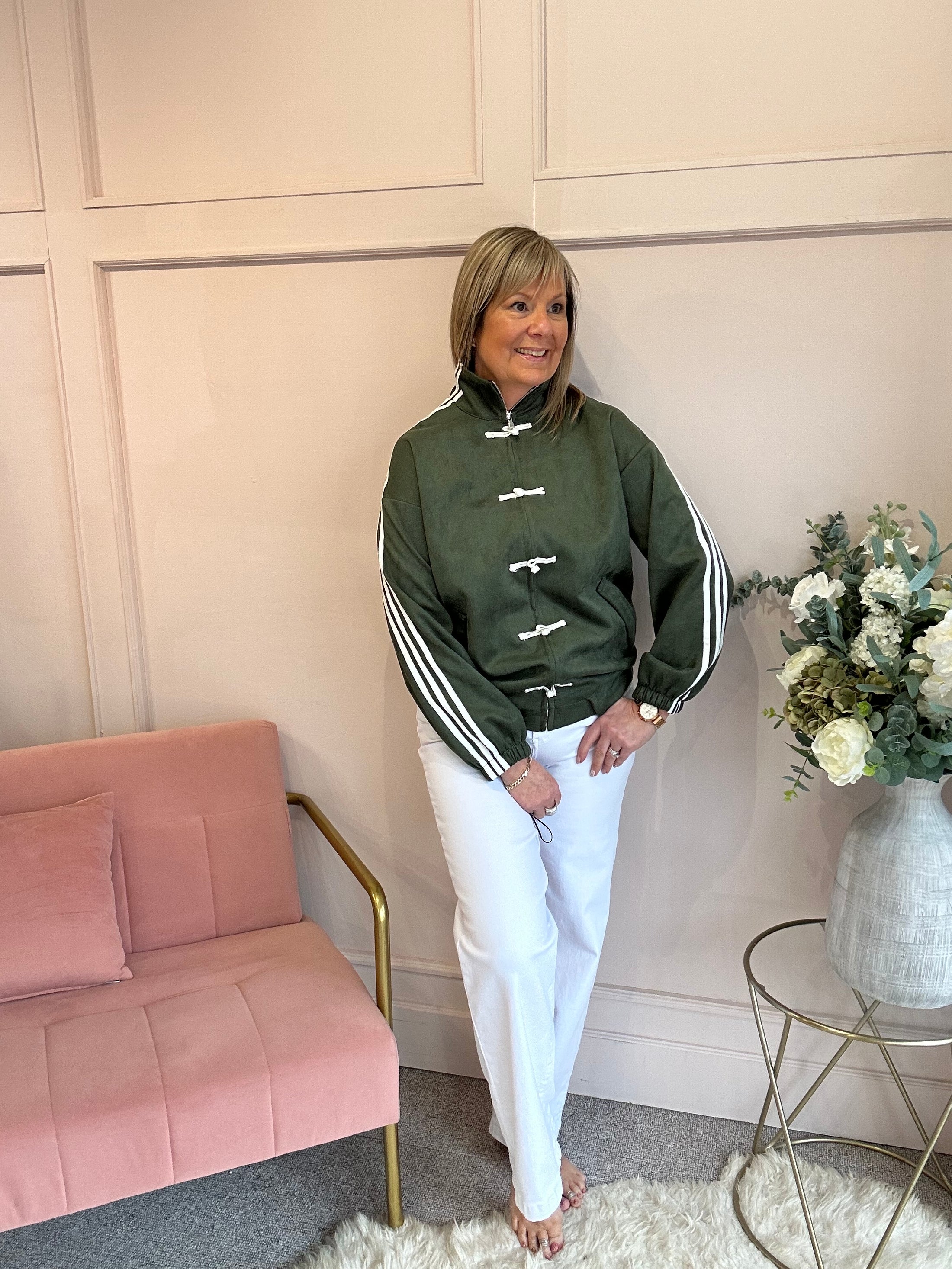 Sporty Vibe Zip & Toggle Jacket - Khaki/Cream - Wardrobe By Simone