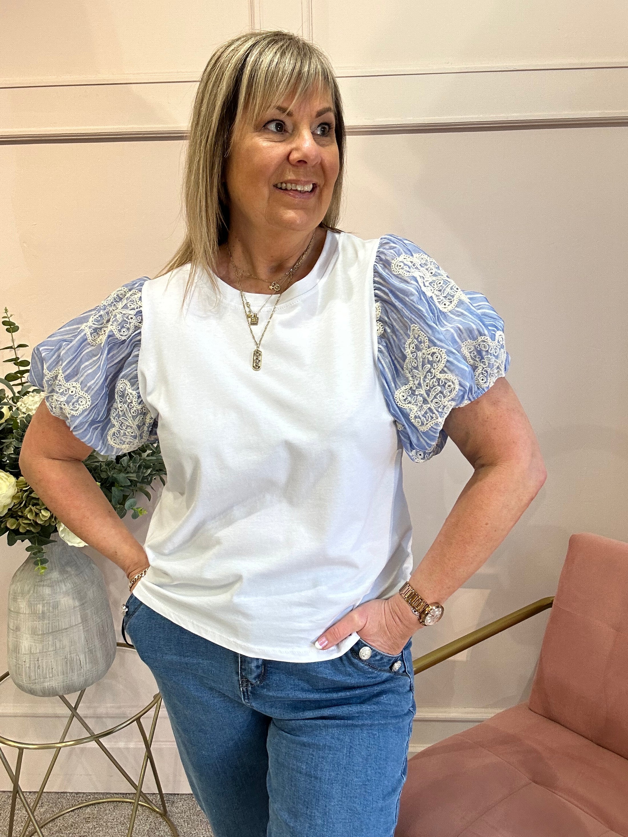 Striped Puff Sleeve T-Shirt - White - Wardrobe By Simone