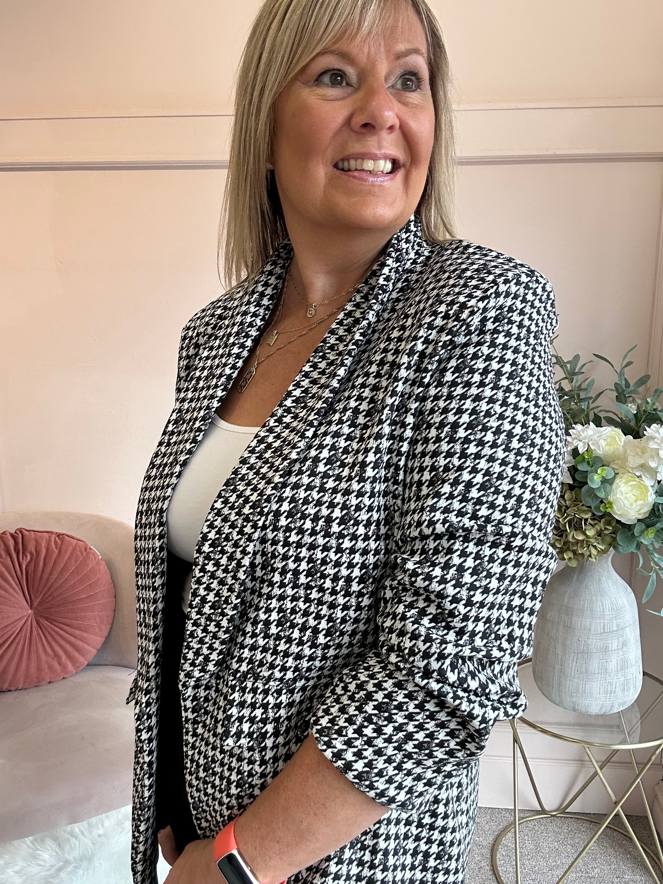 Checked & Ruched Blazer - Black/White