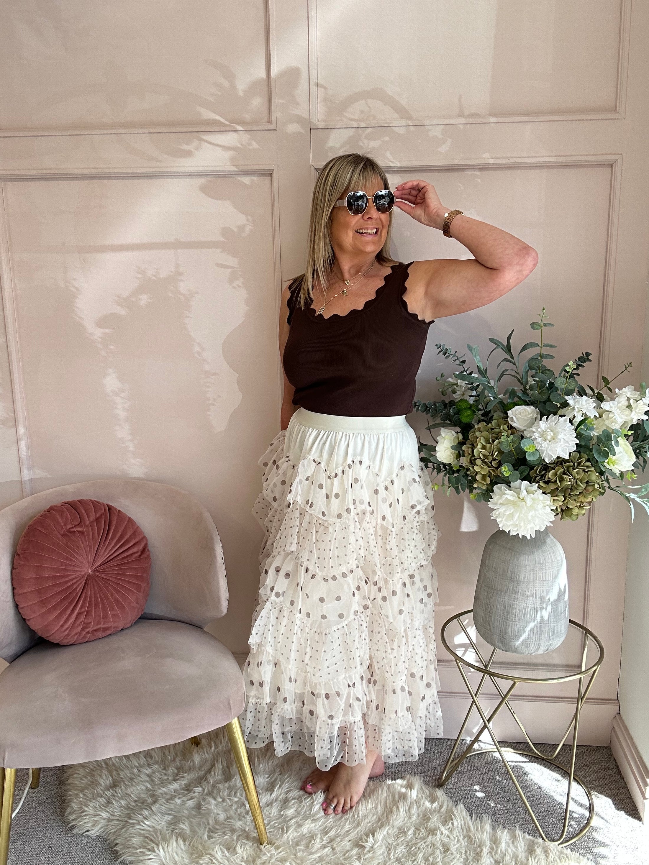 Spotty Tiered Net Maxi Skirt - Cream/Brown - Wardrobe By Simone