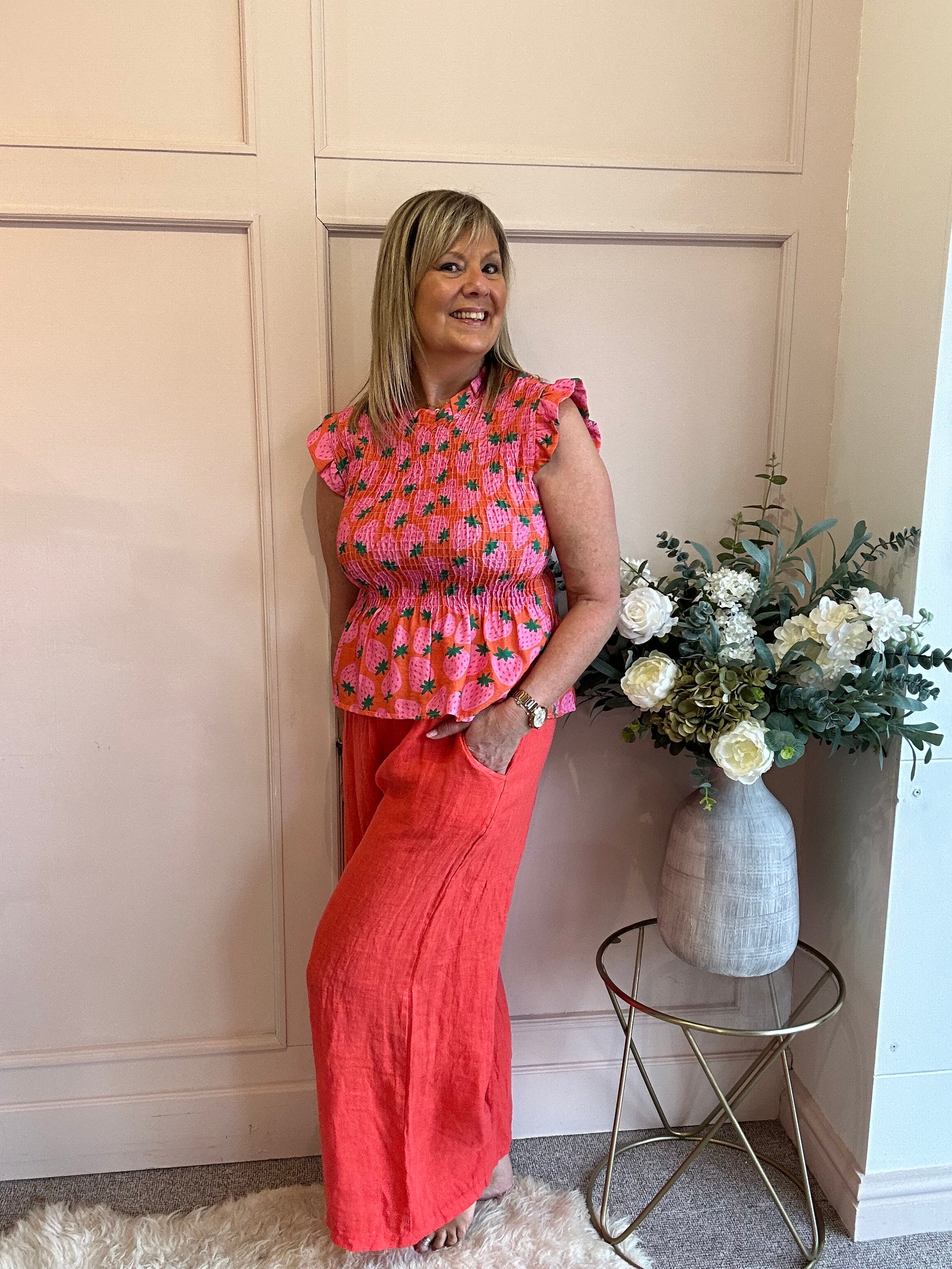 Cute Strawberry Peplum Top  - Orange/Pink - Wardrobe By Simone