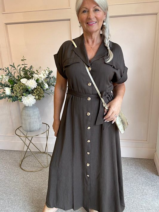 Gold Button Shirt  Dress - Brown - Wardrobe By Simone