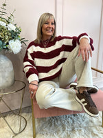 Chunky Striped Knitted Jumper - Wine/Cream