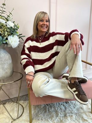 Chunky Striped Knitted Jumper - Wine/Cream