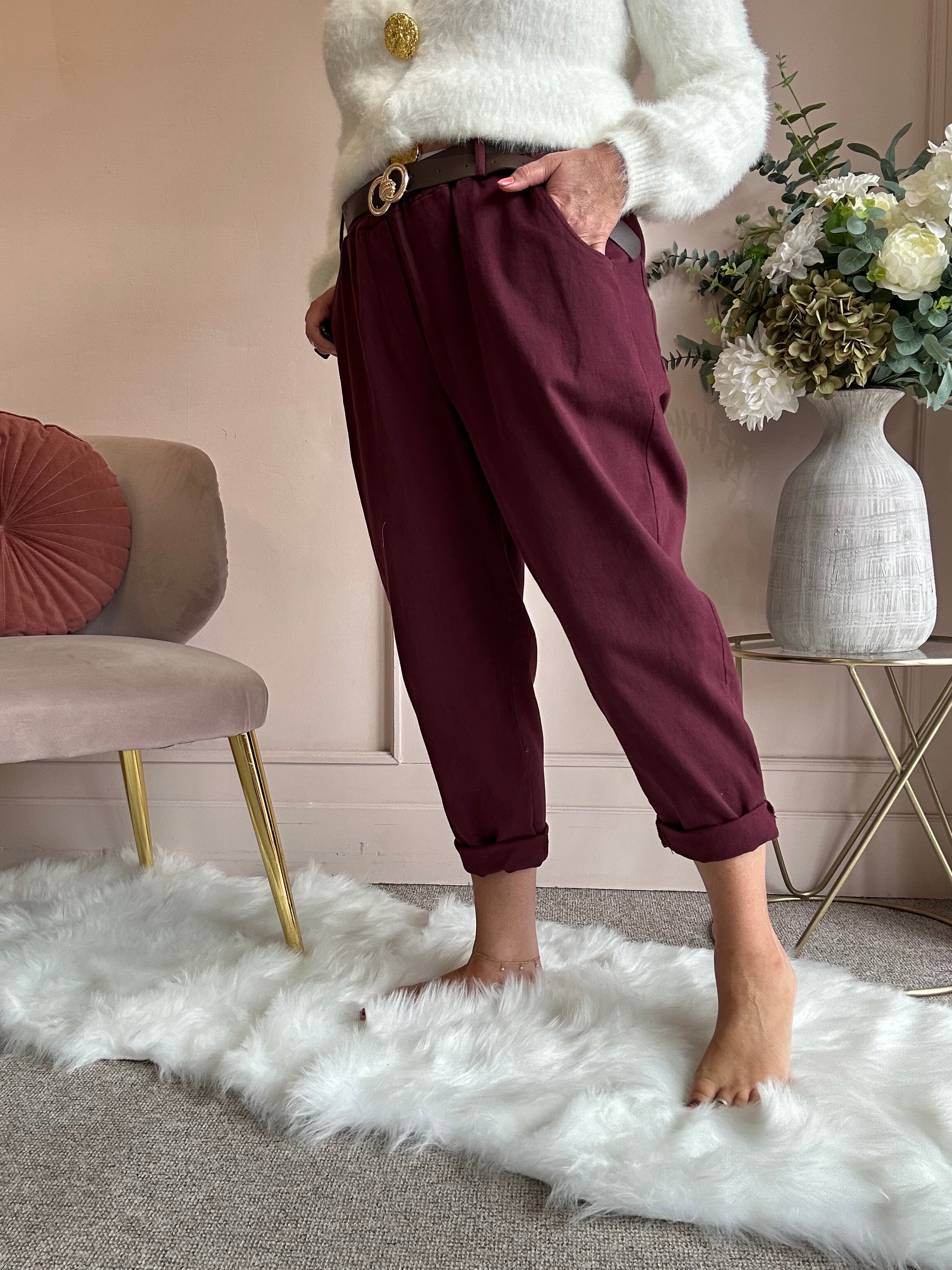Belted Canvas Pant - Burgundy