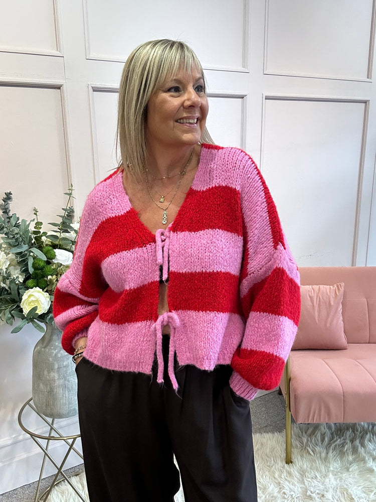 Chunky Striped Knitted Cardigan - Red/Pink