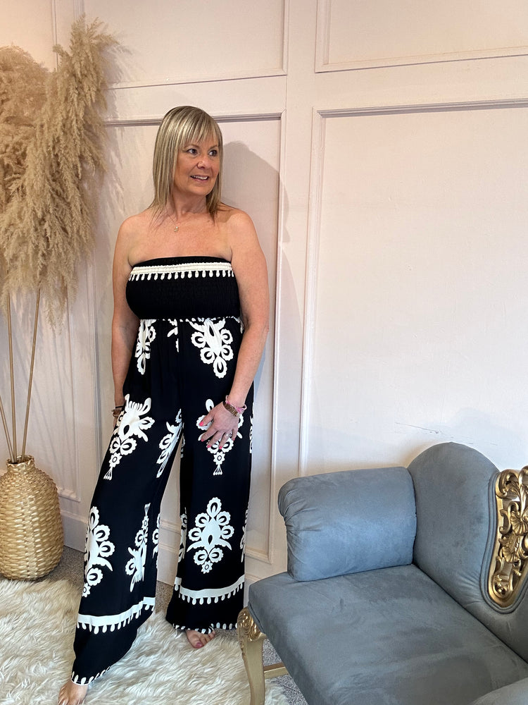 Strapless Damask Jumpsuit - Black/Cream
