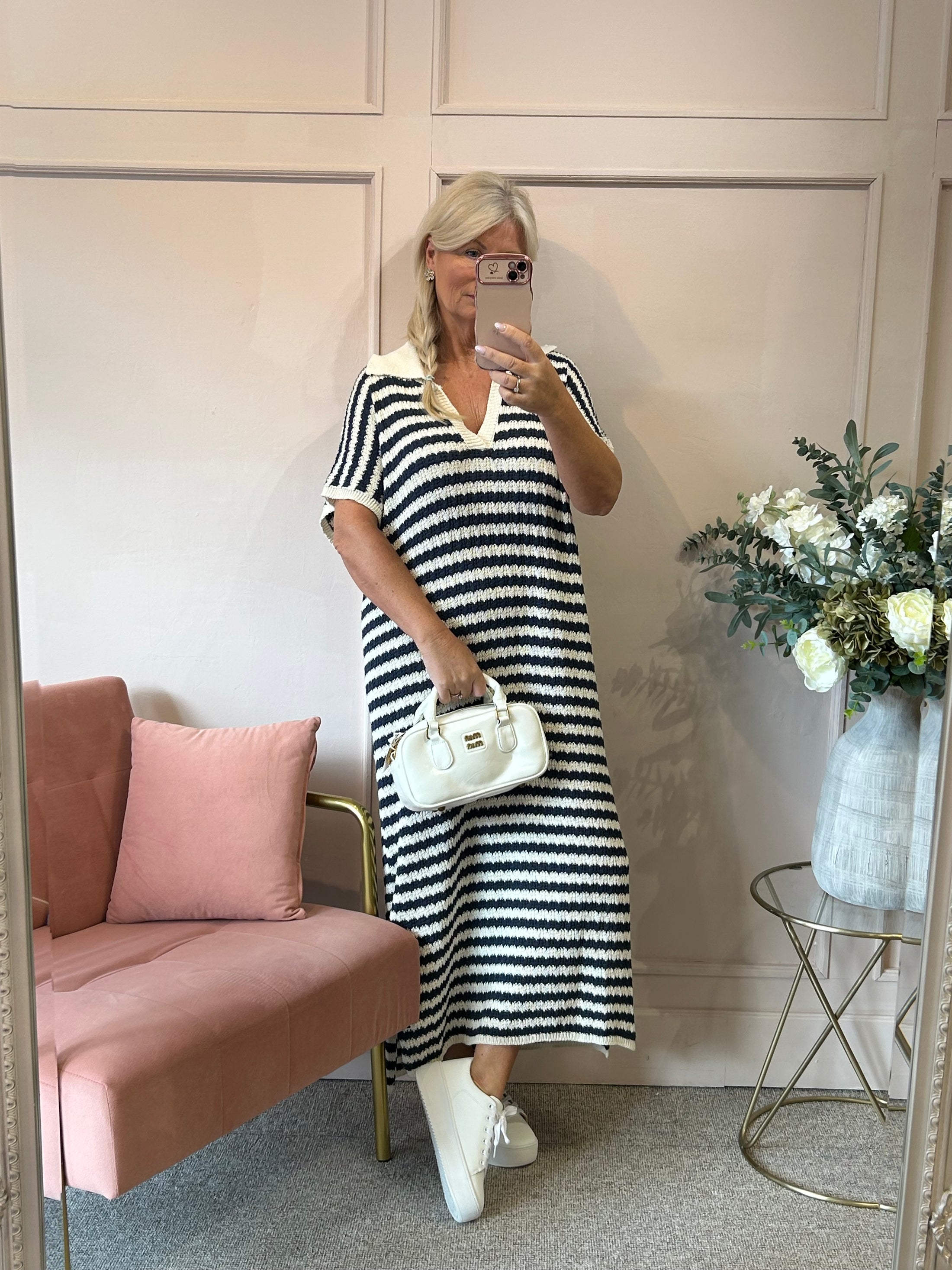 Striped Long Knitted Dress- Cream/Navy - Wardrobe By Simone