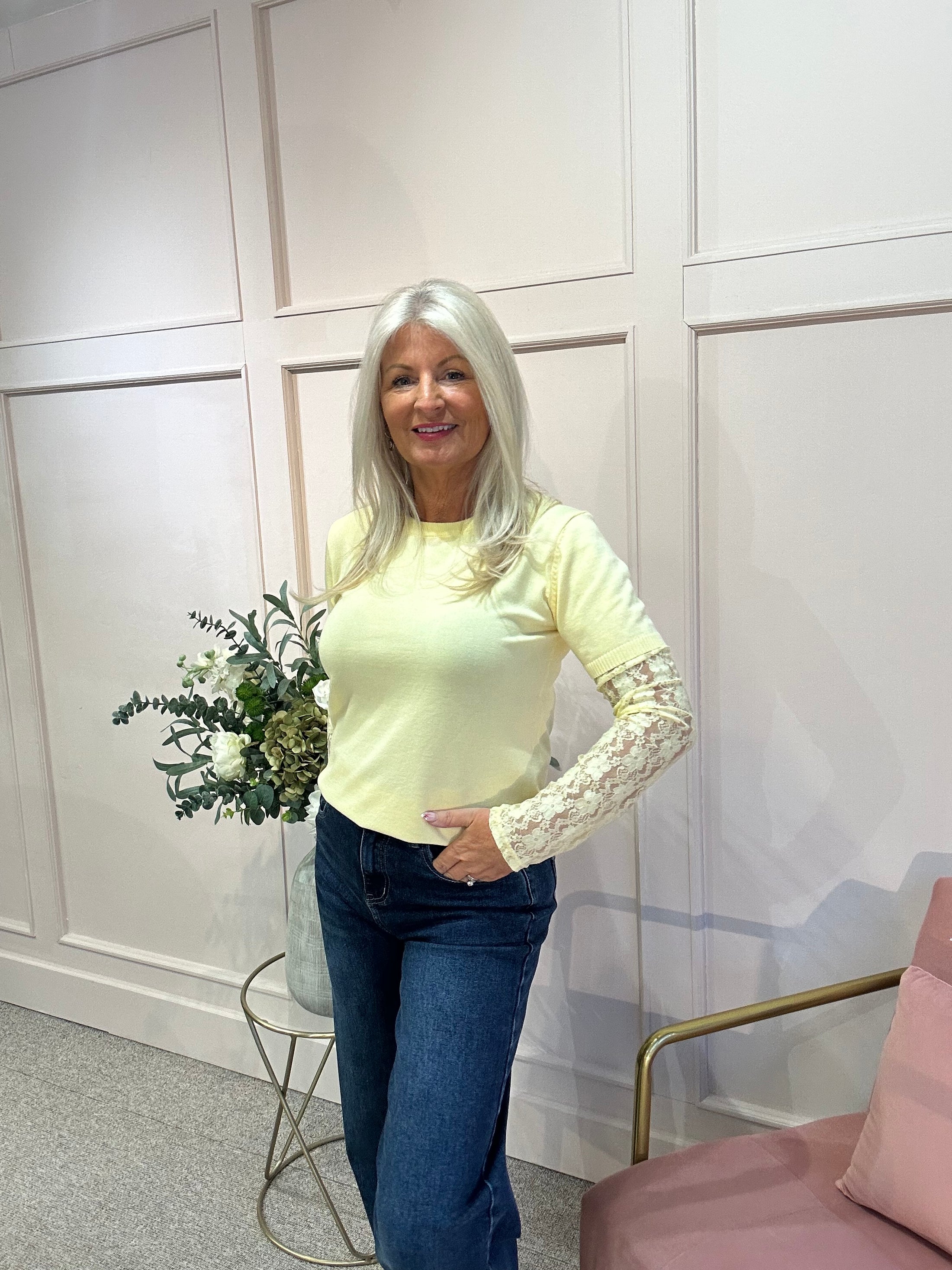 Fine Knit Jumper Lace Sleeve - Yellow