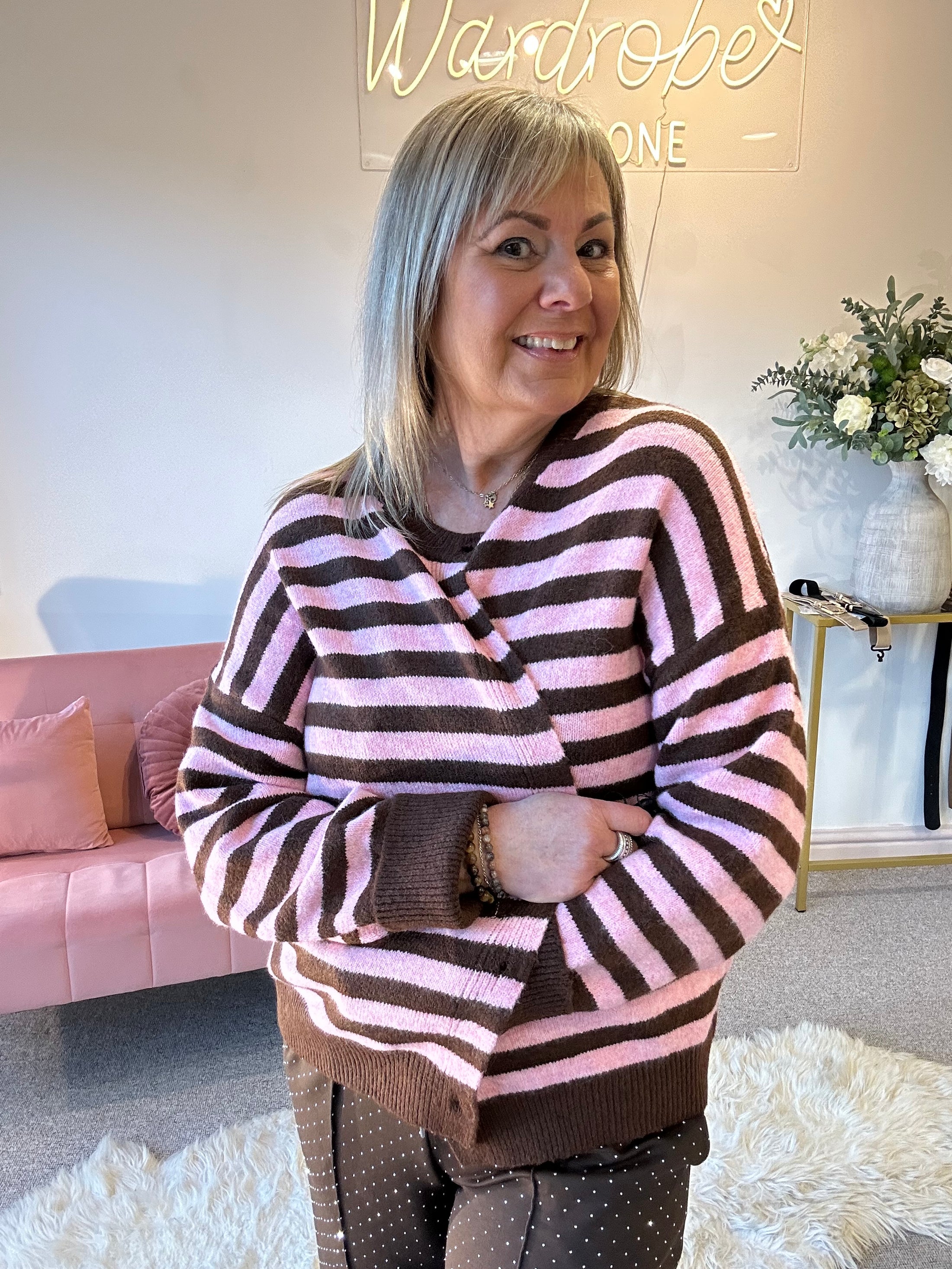 Fun Striped Button Cardigan -  Pink/Brown