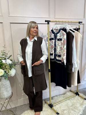 Fluffy Pocketed Long Waistcoat - Chocolate