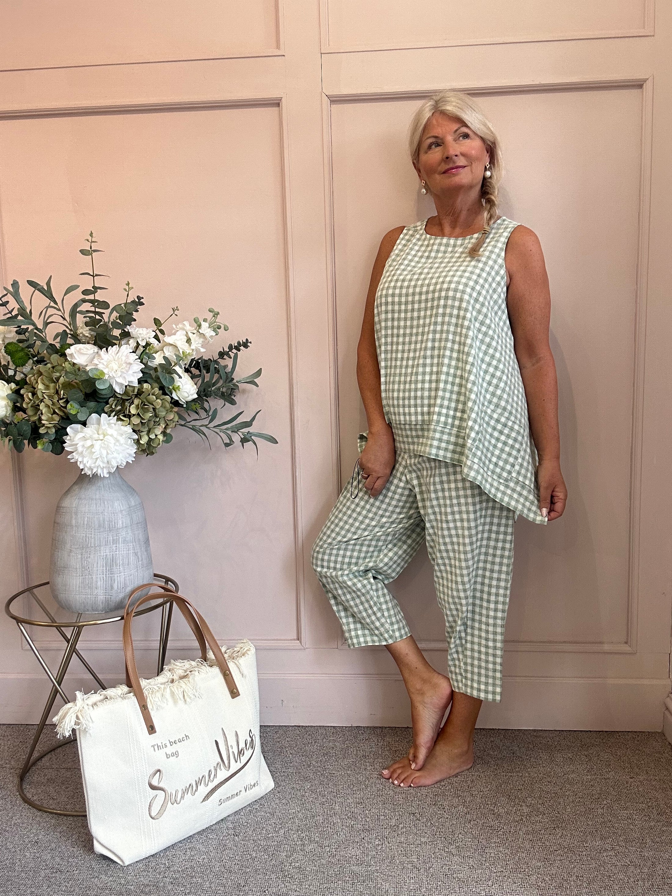 Floaty Sleeveless Top Gingham - Sage Green