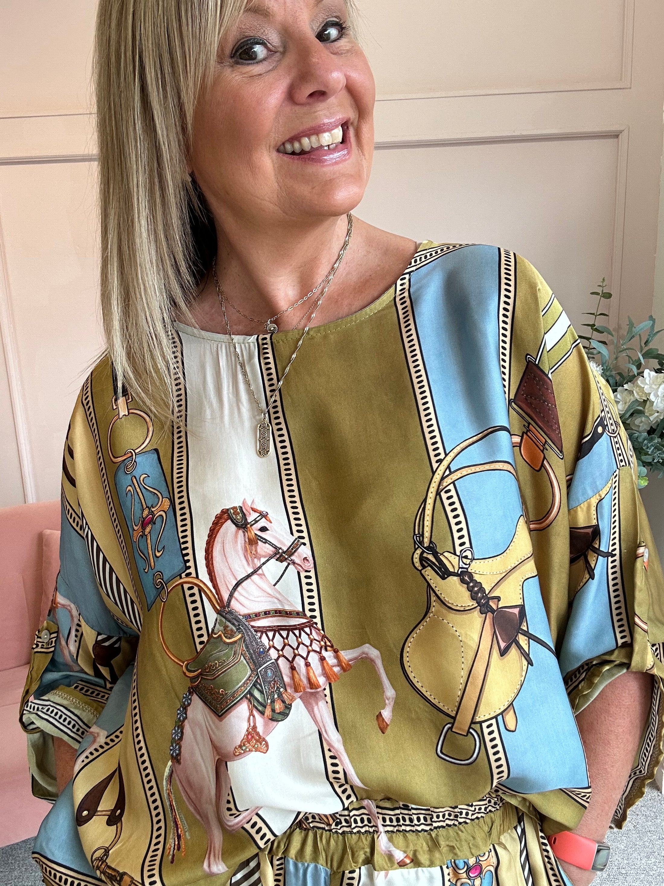 Horse & Bridle Silk Top - Mustard/Blue - Wardrobe By Simone