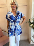 Load image into Gallery viewer, Slinky Cross Over Long Top  - Blue/White - Wardrobe By Simone
