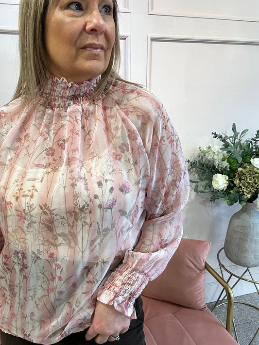 Pretty Flowers Ruffle Neck Top  - Pink - Wardrobe By Simone