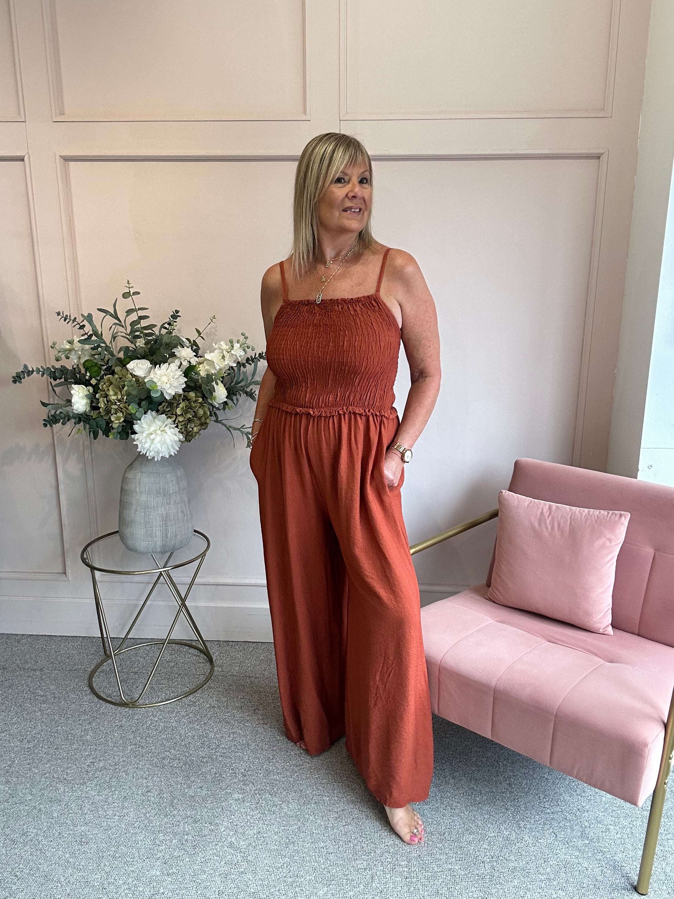 Elasticated Bodice & Wide Leg Jumpsuit - Rust
