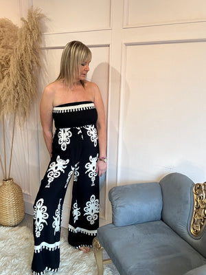 Strapless Damask Jumpsuit - Black/Cream