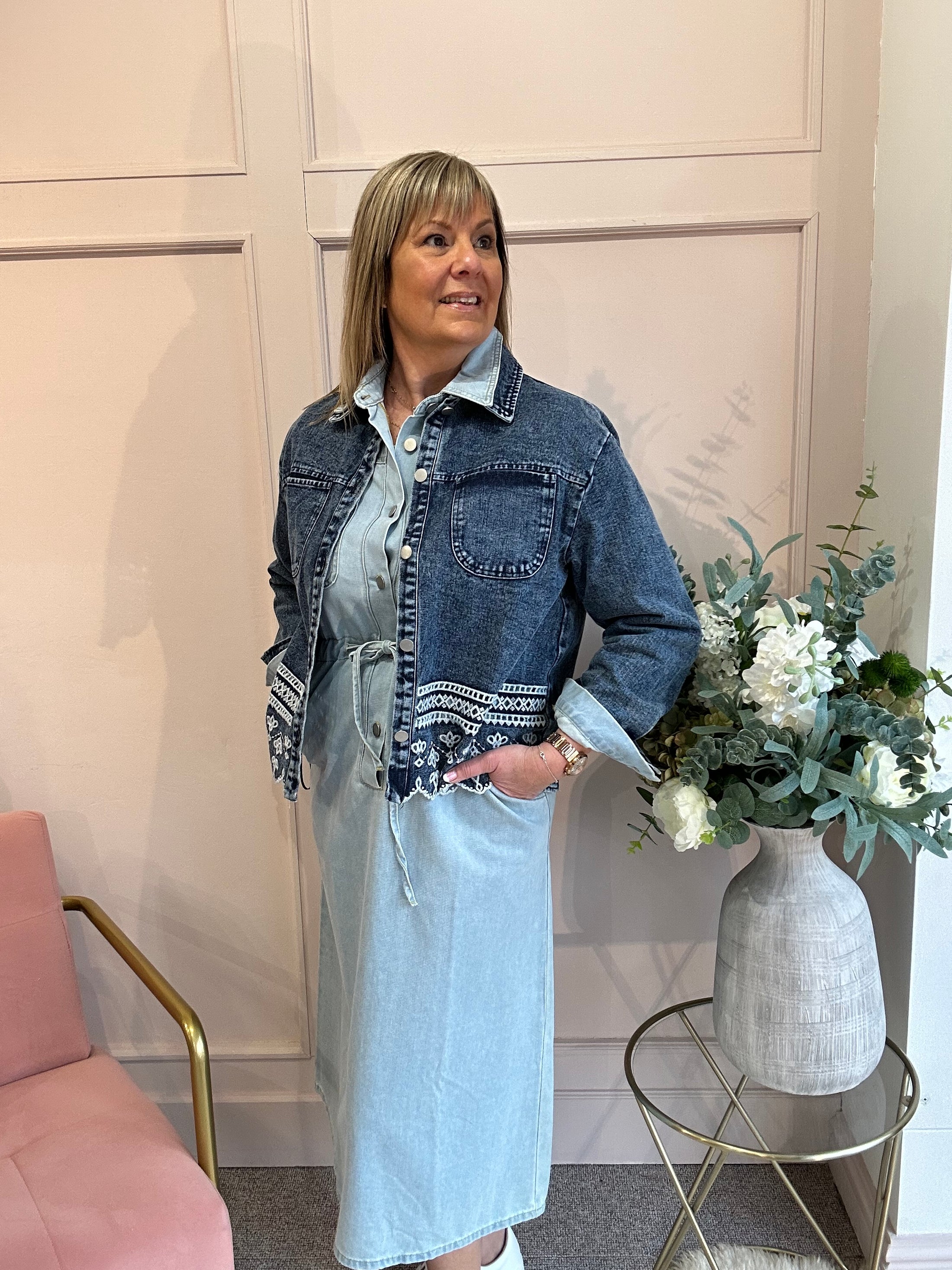 Embroidered Denim Jacket - Denim Blue - Wardrobe By Simone