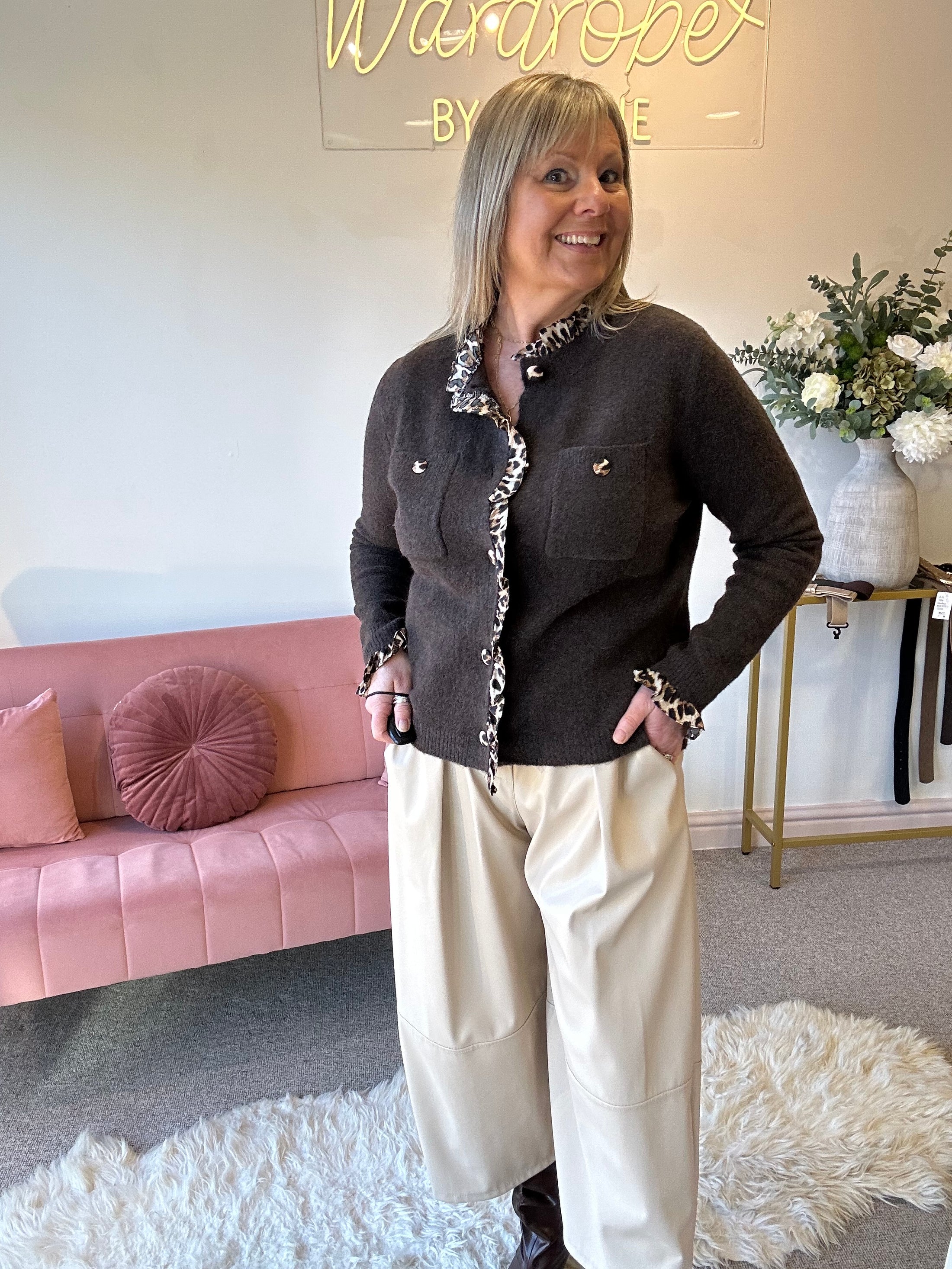 Frill Edge Leopard Buttoned Cardigan -  Brown