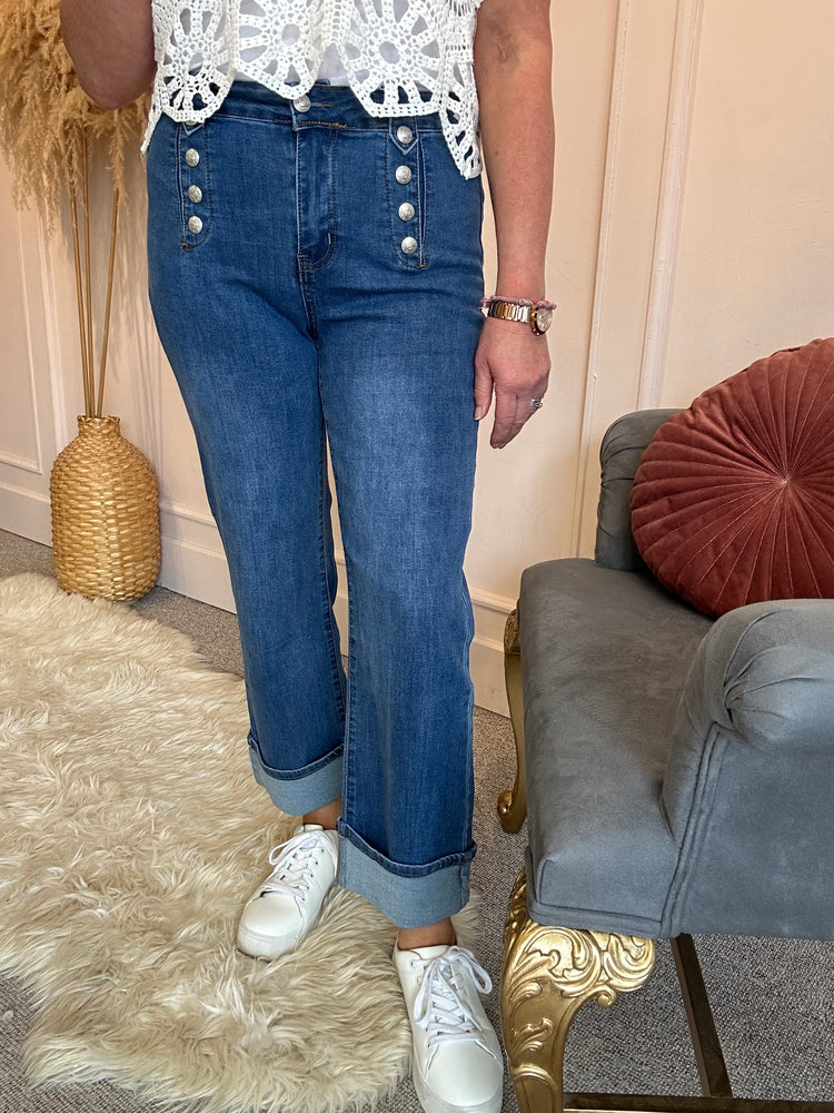 Gold Button Wide Cuff Jeans - Mid Blue