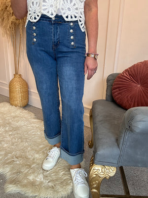Gold Button Wide Cuff Jeans - Mid Blue