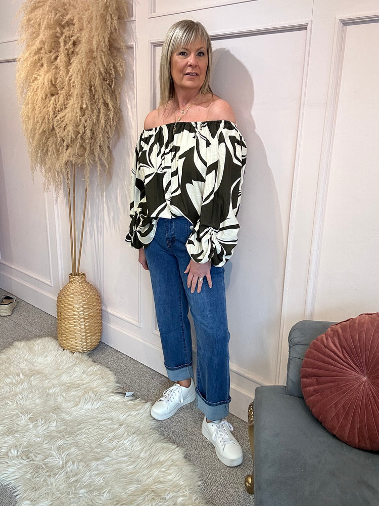 Bold Print Bardo Top - Khaki/Cream