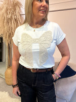 Cream Crochet Bow On T Shirt - White - Wardrobe By Simone