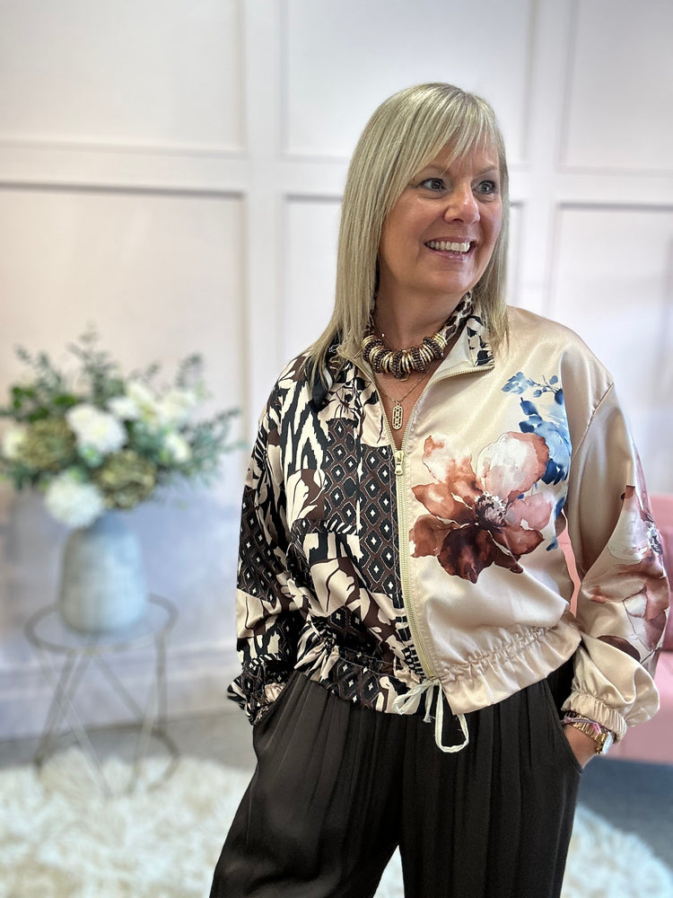 Aztec & Floral Satin Zip Bomber - Browns/Blues - Wardrobe By Simone