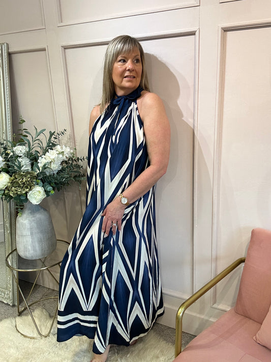 Halter Neck Maxi Dress - Navy/Cream - Wardrobe By Simone