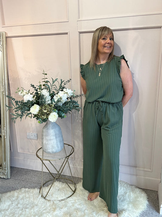 Pinstriped Frill Cap Top & Pant Set - Khaki/Cream - Wardrobe By Simone