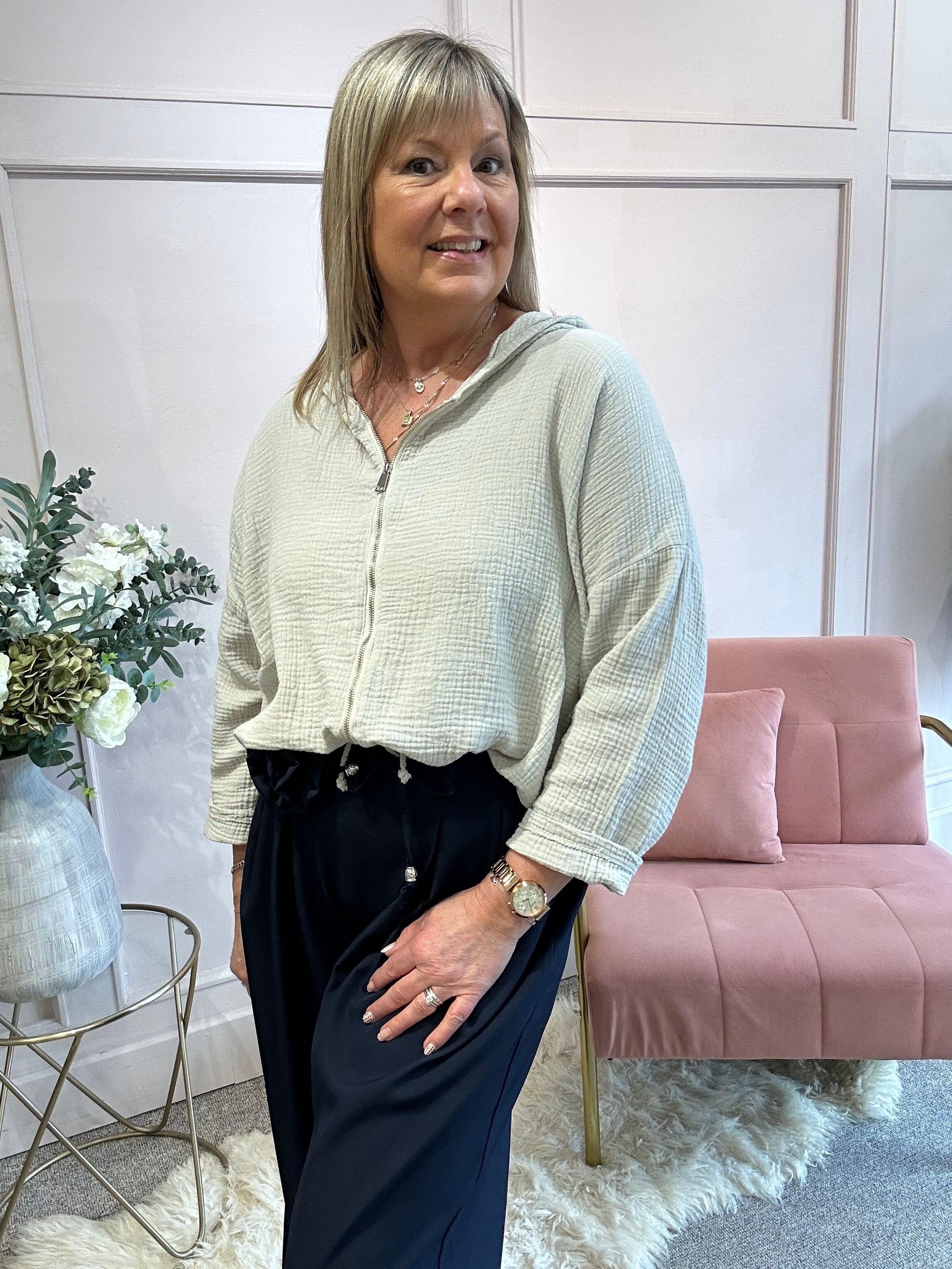 Zipped Hoody Top - Beige - Wardrobe By Simone