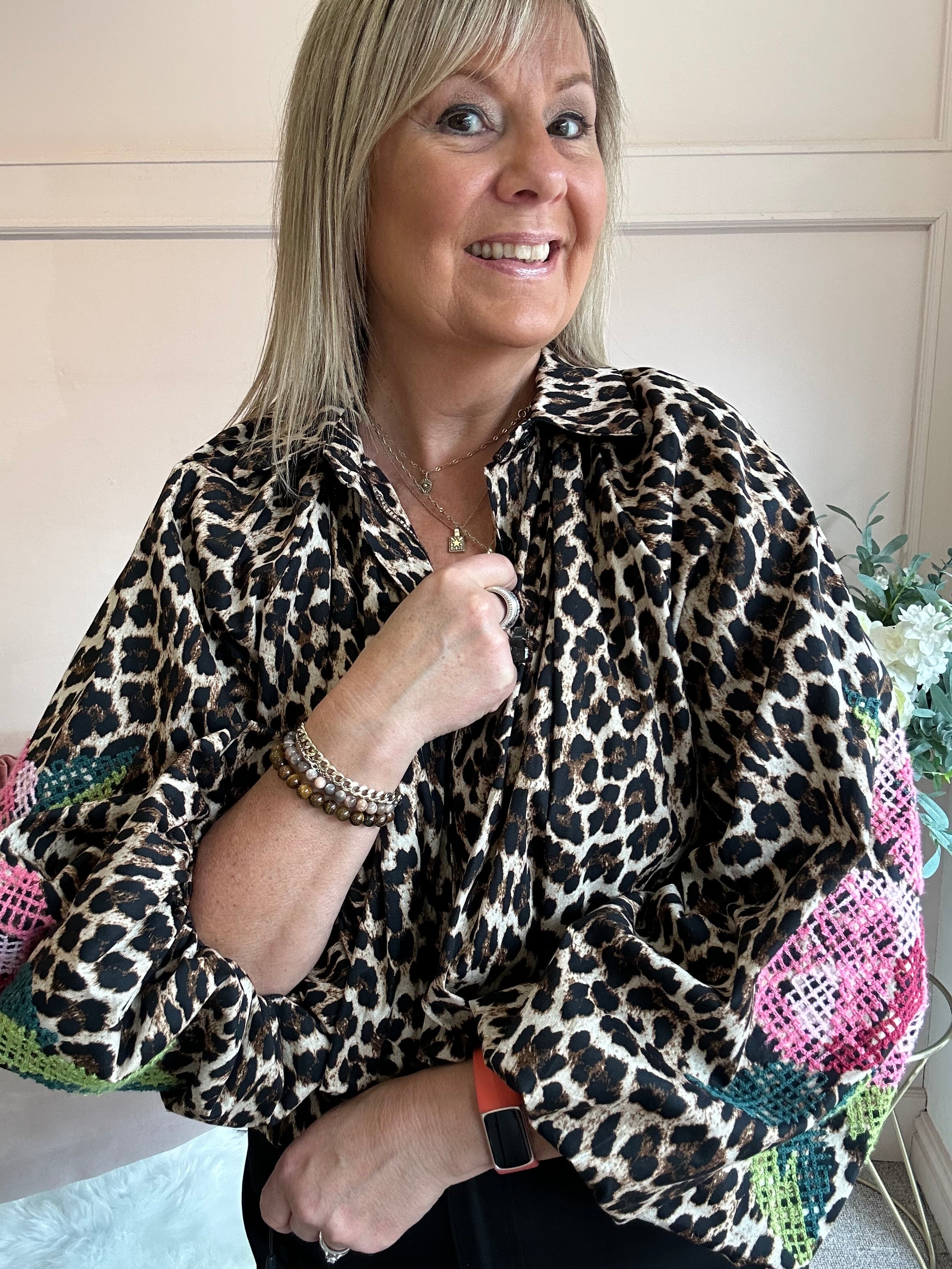 Floral Embroidered Leopard Shirt - Black/Brown