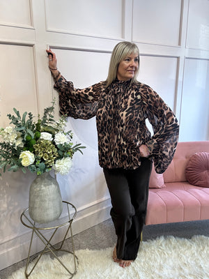 Leopard Floaty Tie Pleated Top - Leopard