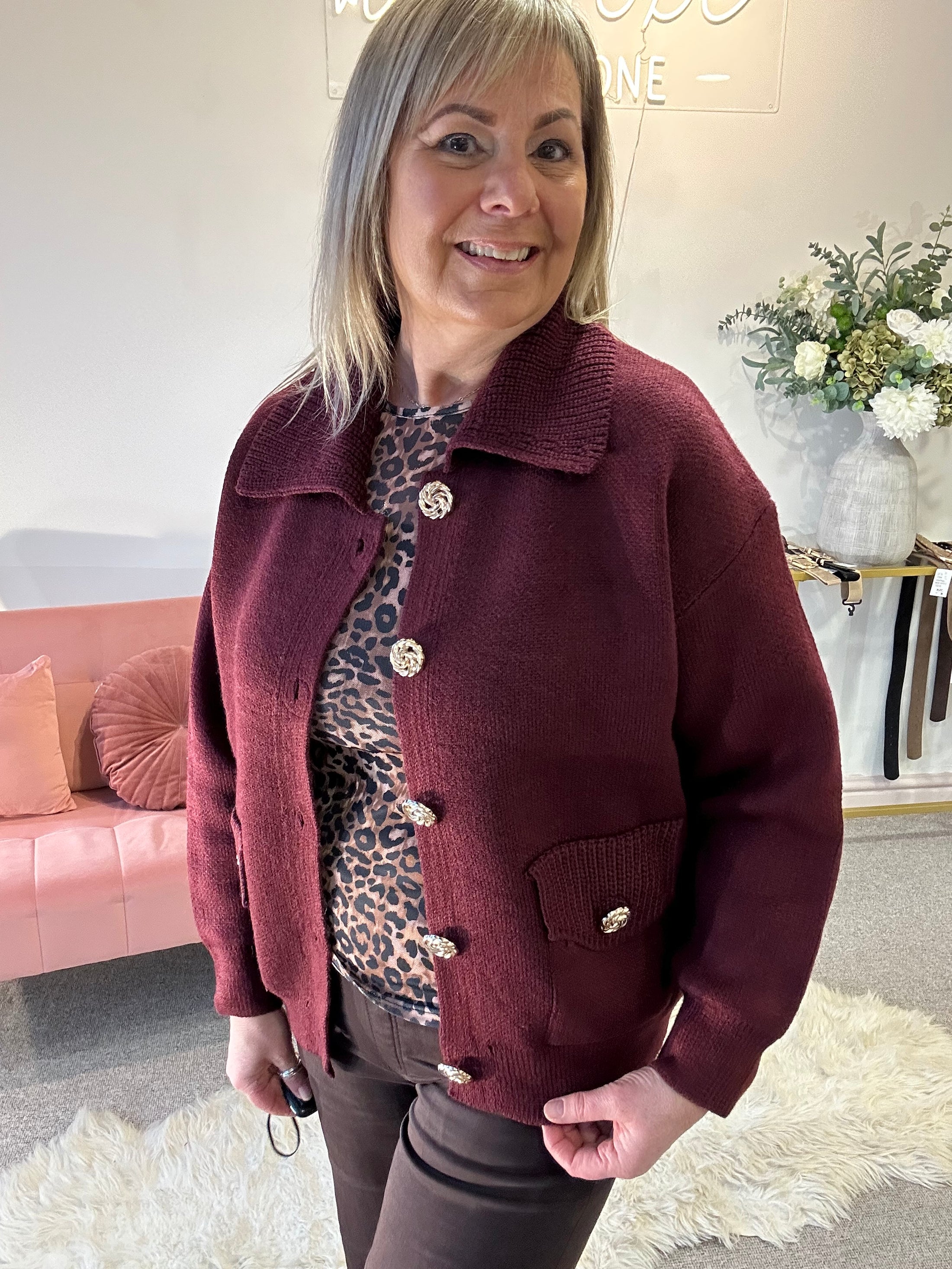 Gold Button Cardi Jacket -  Burgundy