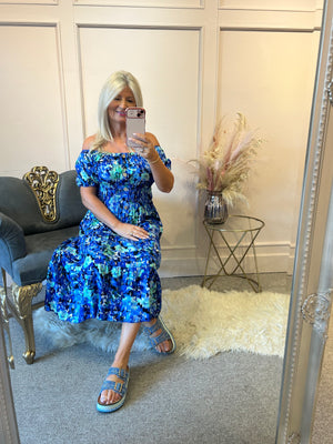 Floral Print Midi Dress - Blues - Wardrobe By Simone