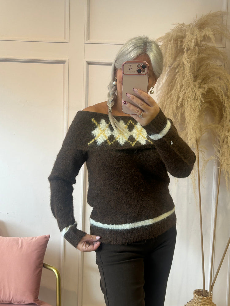 Off Shoulder Jumper - Brown/Mustard