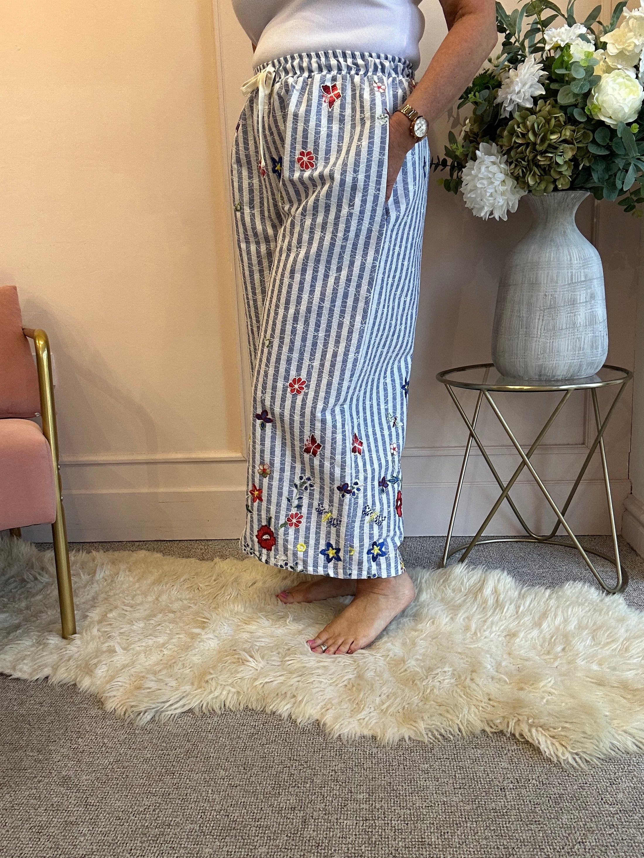 Flowers In The Pocket Striped Pant - Blue/White - Wardrobe By Simone
