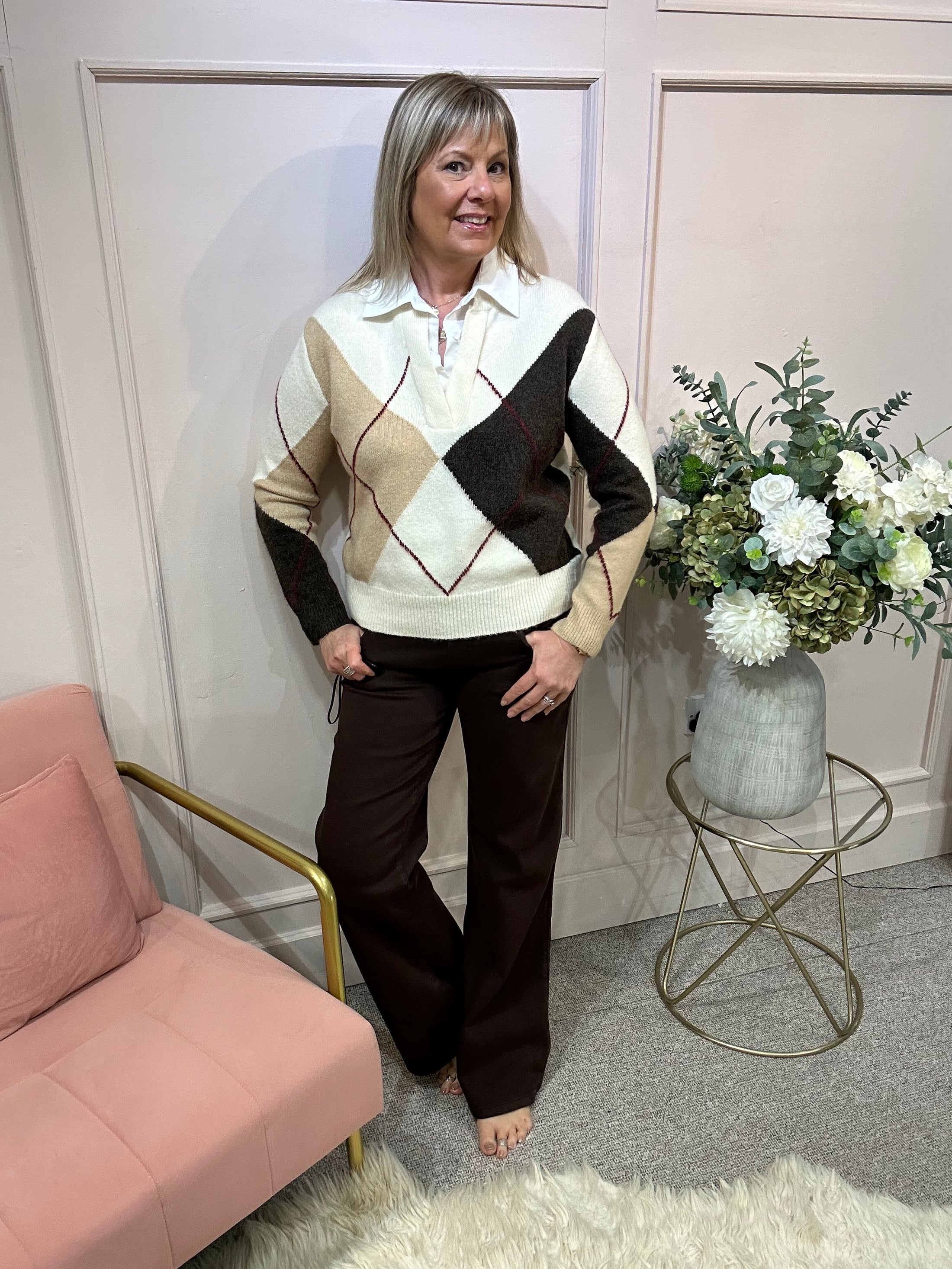 White Shirt Diamond Jumper - Cream/Brown